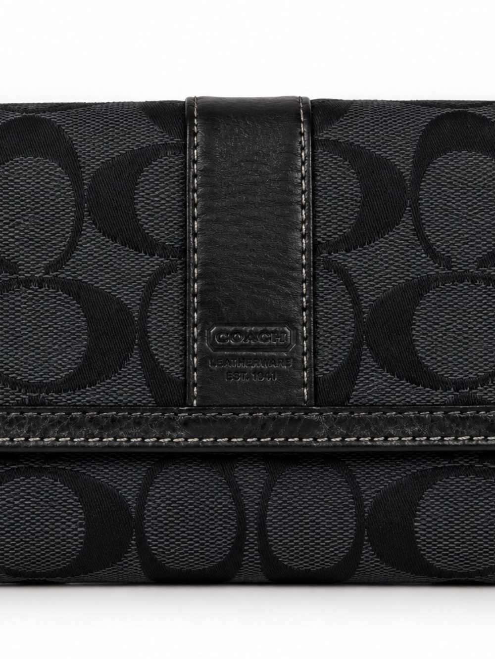 Coach Black Signature C Jacquard Trifold Wallet Leather Trim